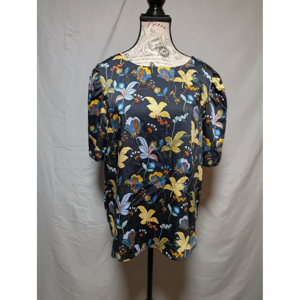 LOFT‎ Women's Navy Multicolor Floral Print Blouse Puff Sleeves Size Large Petite